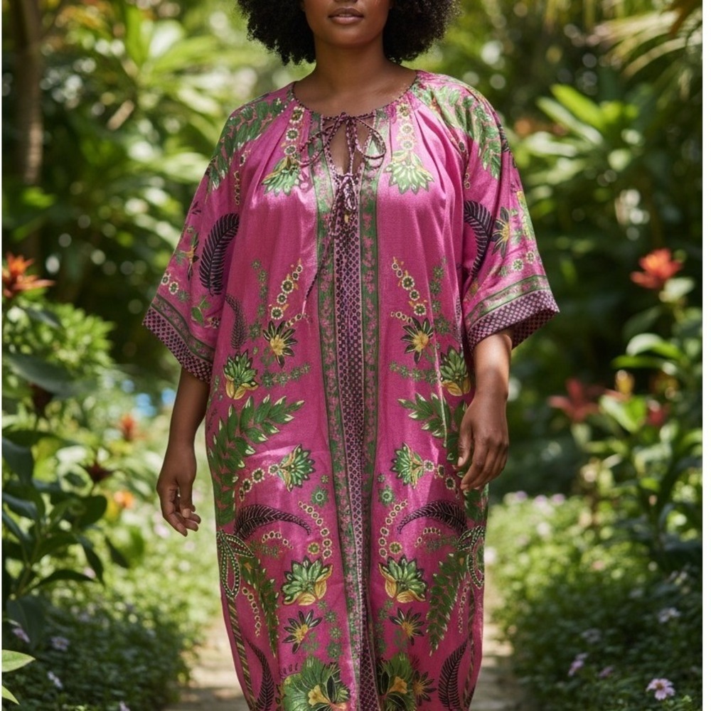 Farm Rio NWT SZ Sm Ana Tie Front Pink Floral Linen Blend Kaftan Midi Dress - Picture 2 of 16